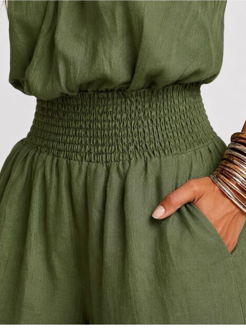 SHEIN Olive Green Halter Wide-Leg Jumpsuit with Smocked Waist - Picture 5 of 6